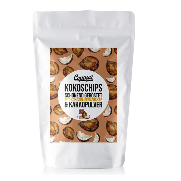 750g Bio Kokoschips mit Bio Kakao, geröstet & mit Kokosblütenzucker gesüßt von Copaya